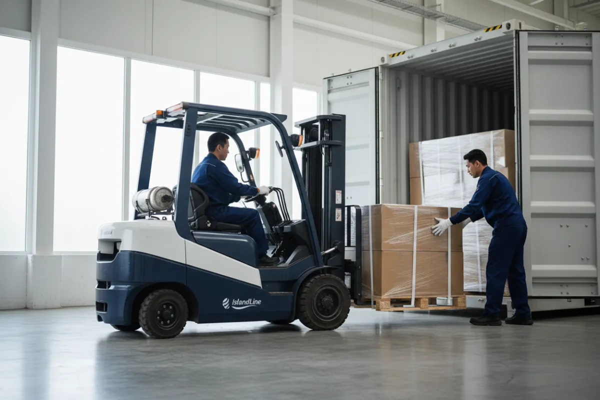 IslandLine branded forklift loading well-packed boxes into a container inside a bright, modern warehouse.