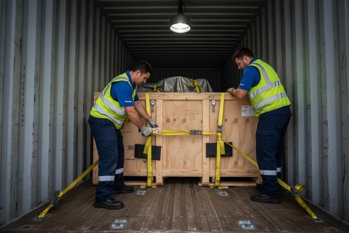 Uniformed crew securing cargo inside a container