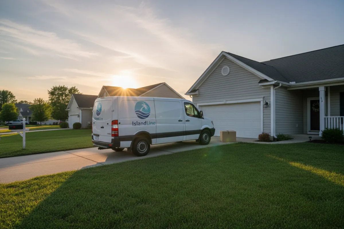Delivery van with IslandLine signage leaving a suburban home