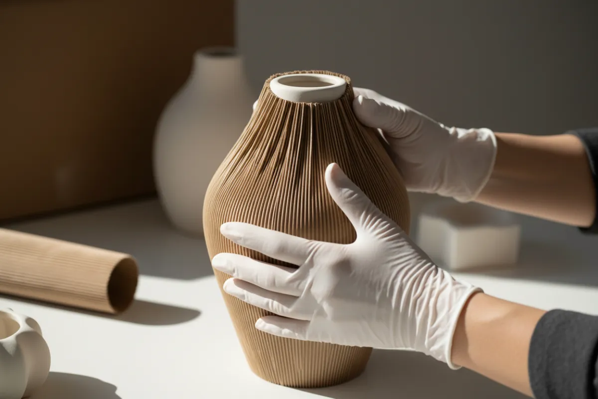 Packing technician applying protective wrap to fragile goods