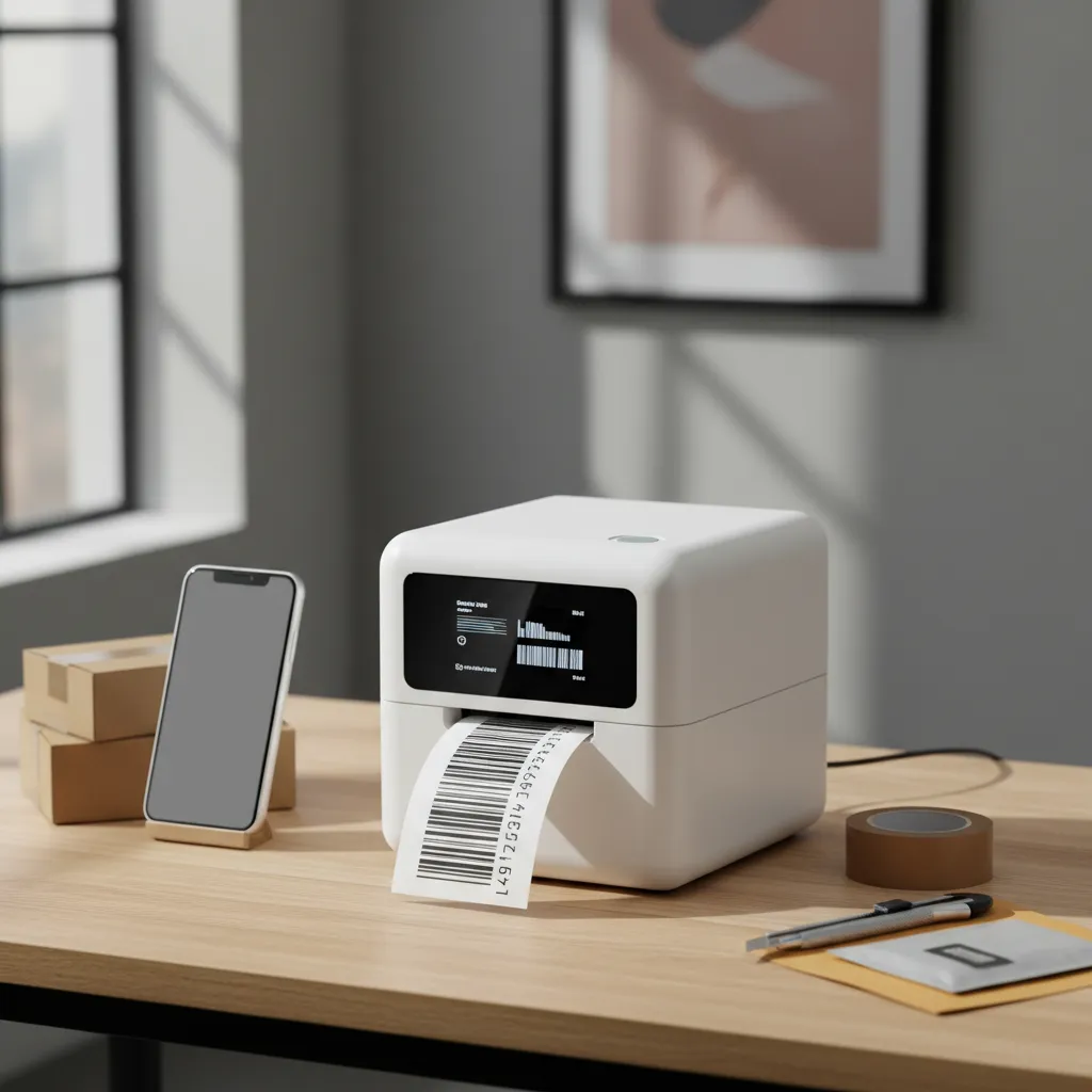 A compact, wireless shipping label printer with a digital display, printing a crisp label. The device sits on a modern desk with a smartphone and shipping supplies nearby.