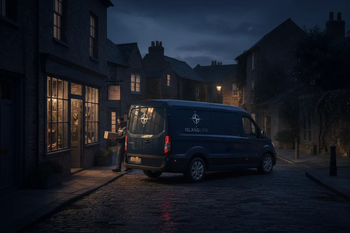 IslandLine delivery vehicle arriving at a small business, showing last-mile capability.