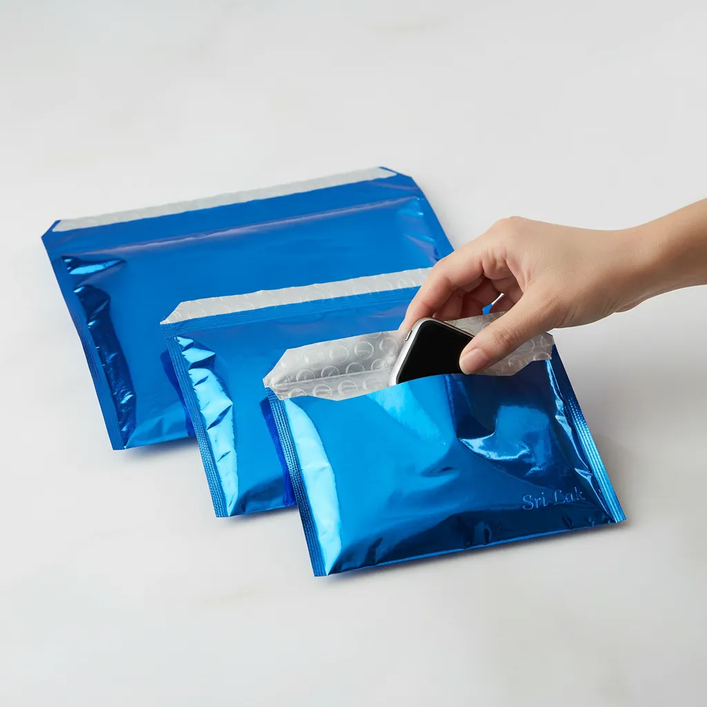 A set of blue bubble mailers in three sizes, fanned out on a light surface, with a hand placing a small gadget inside one. The mailers have a glossy finish and subtle Sri Lak branding.