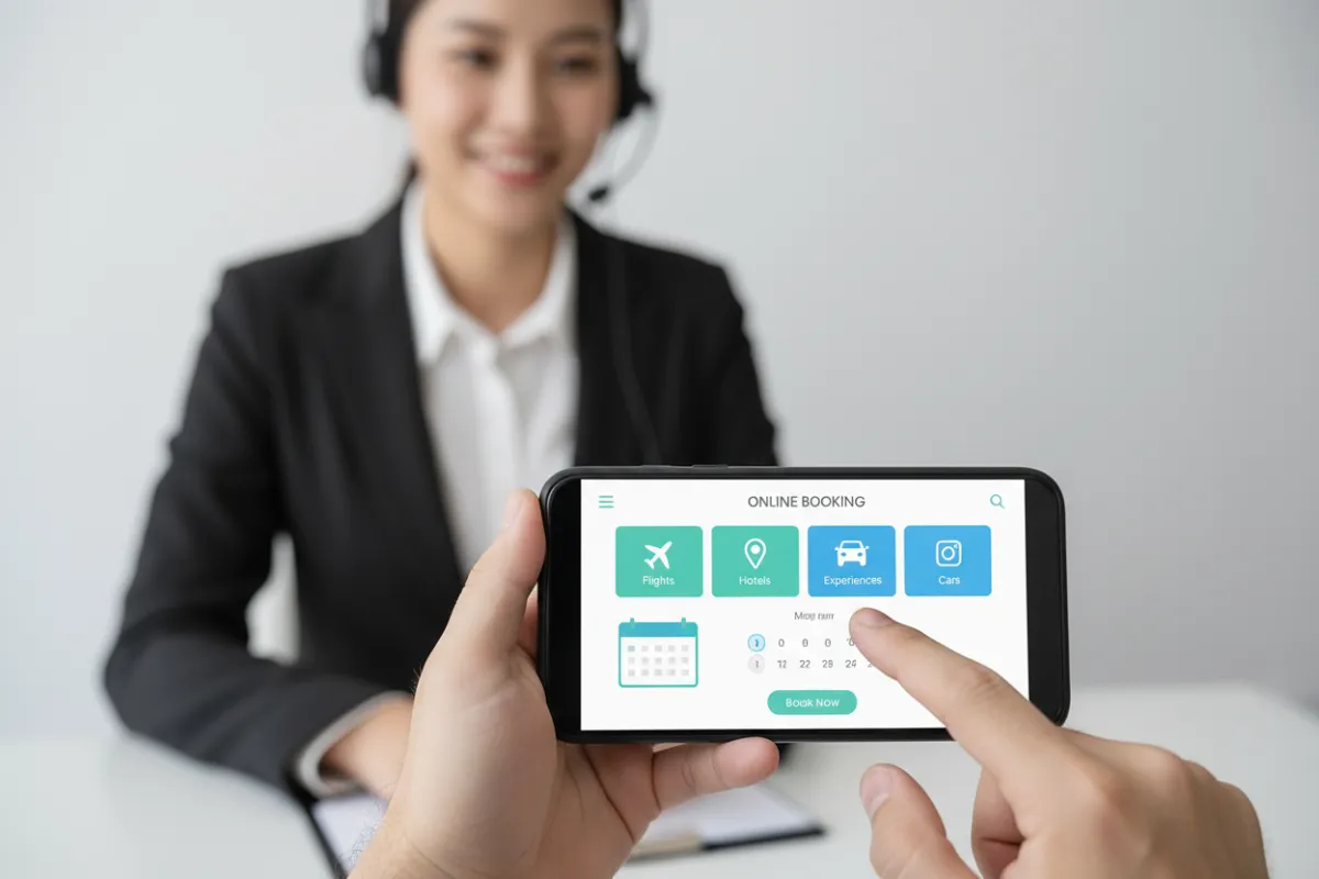 Customer using an online booking portal on a phone with a smiling support agent in the background.