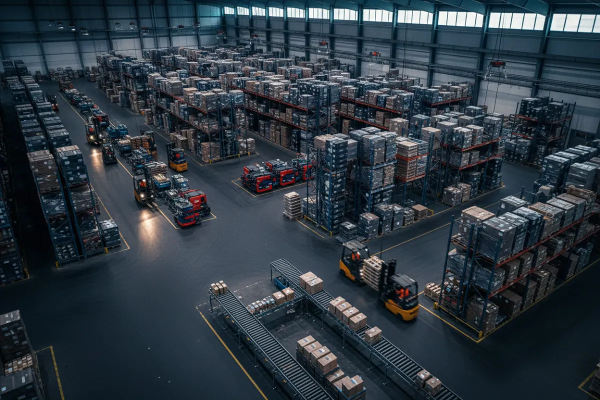 A busy logistics warehouse with forklifts and stacked pallets.