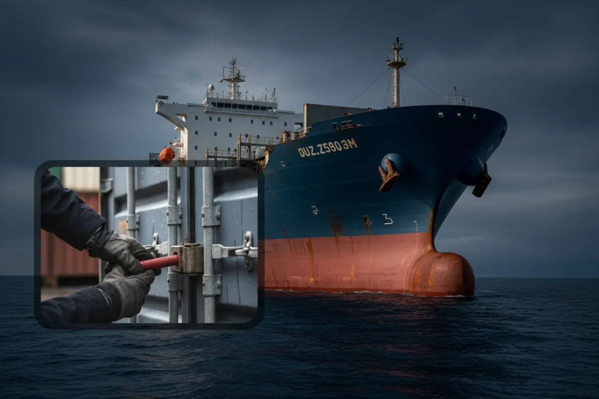 Close-up of a container door being sealed to show secure cargo handling.