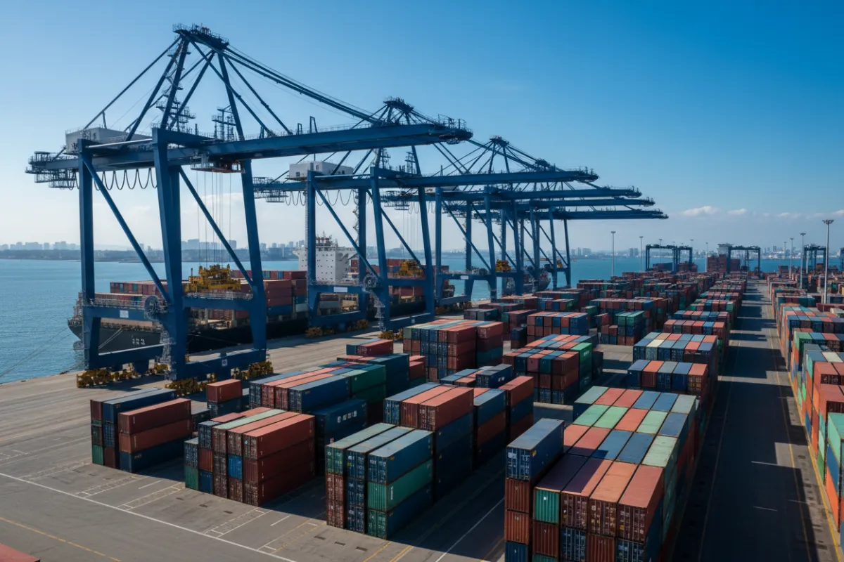 Modern container terminal with cranes and stacks of containers under clear daylight.