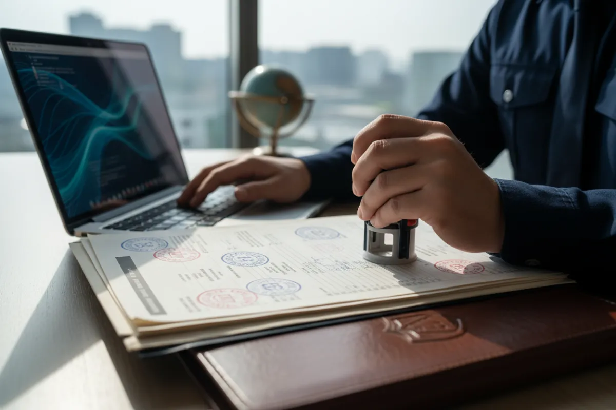 Customs officer processing shipping documents with laptop and stamped paperwork.