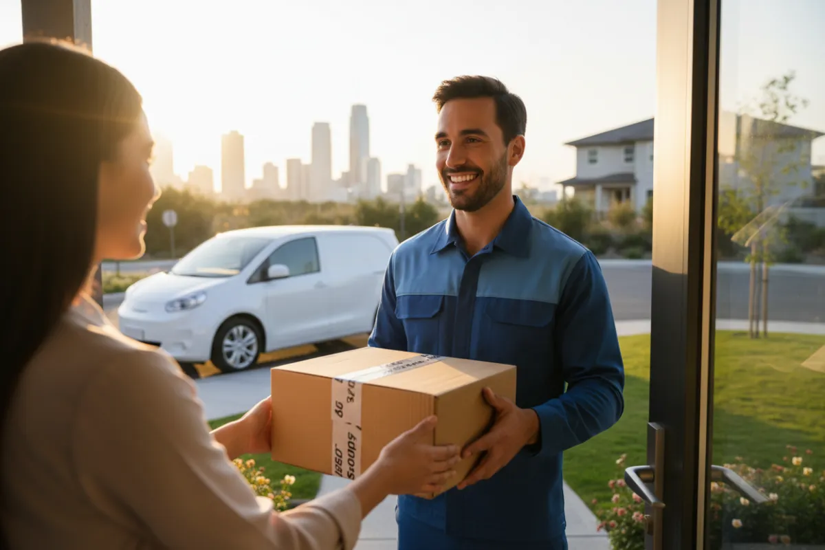 A smiling courier in a crisp blue uniform hands a securely packed box to a young woman at her doorstep, with a modern delivery van and city skyline in the background. The scene is bright, welcoming, and conveys trust and efficiency.