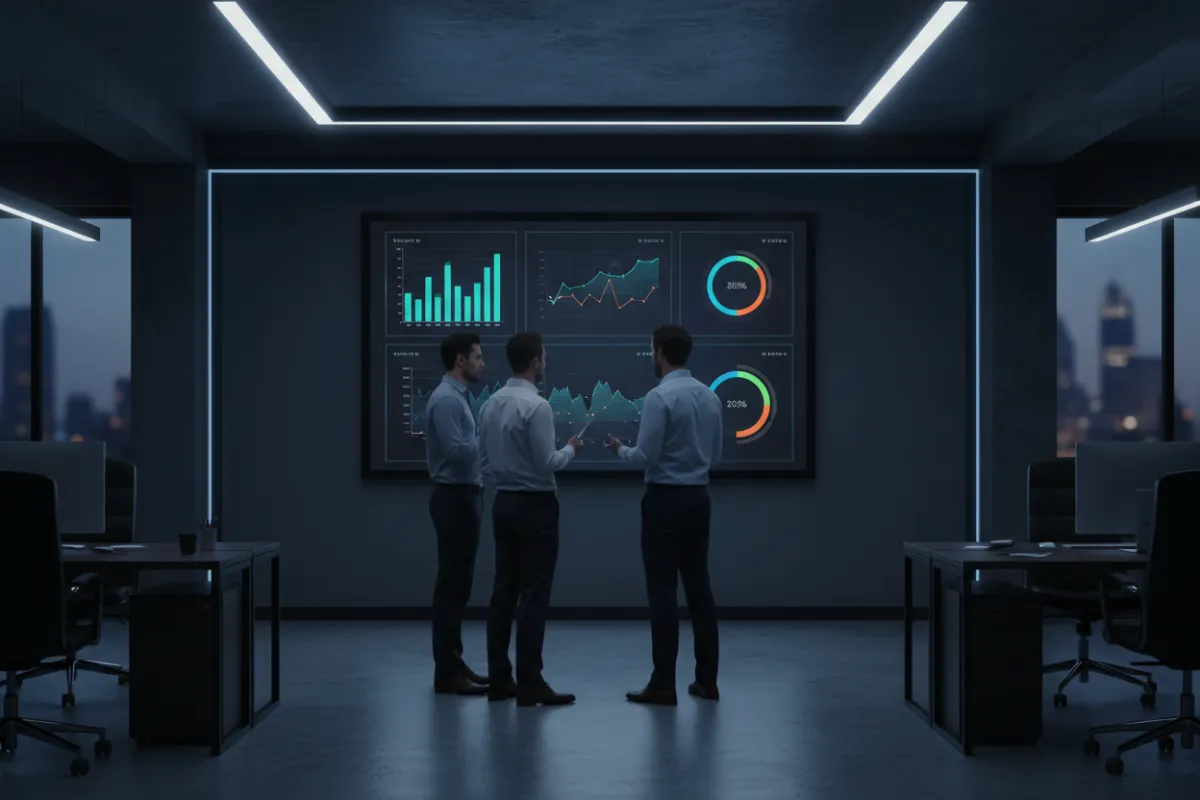 Logistics operations dashboard with staff reviewing KPIs in a modern office