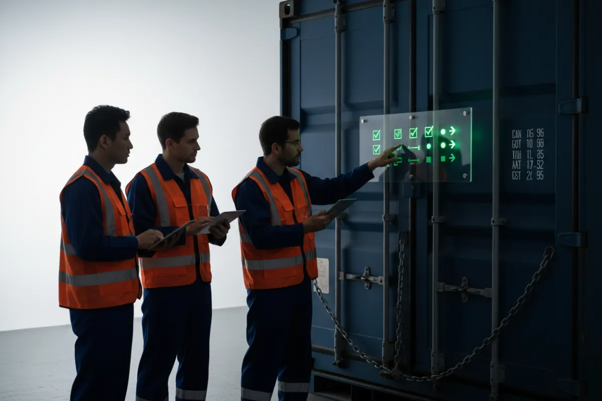 IslandLine team performing a final checklist on a packed container, showing process reliability.