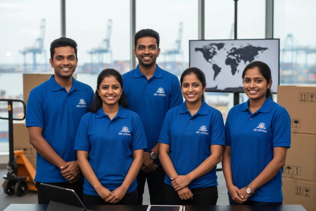 A diverse team of five Sri Lak Shipping staff members, dressed in branded blue shirts, stand together in a modern office with shipping supplies and technology in the background. They are smiling, conveying approachability and professionalism.