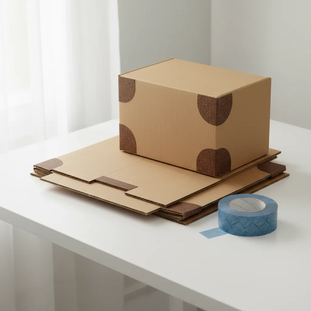 A sturdy, eco-friendly shipping box kit with reinforced corners, brown kraft finish, and a roll of branded blue tape beside it. The kit is displayed on a clean white table with soft daylight.