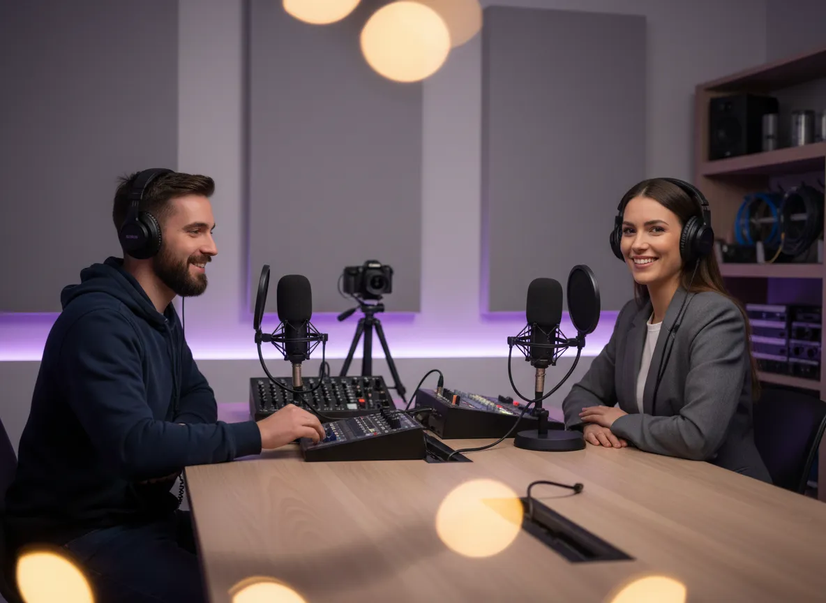Creator recording a podcast with engineer support