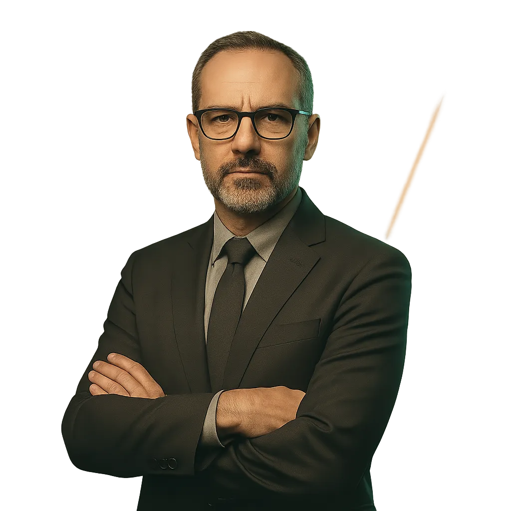 Desaturated portrait of the industry expert with amber tones