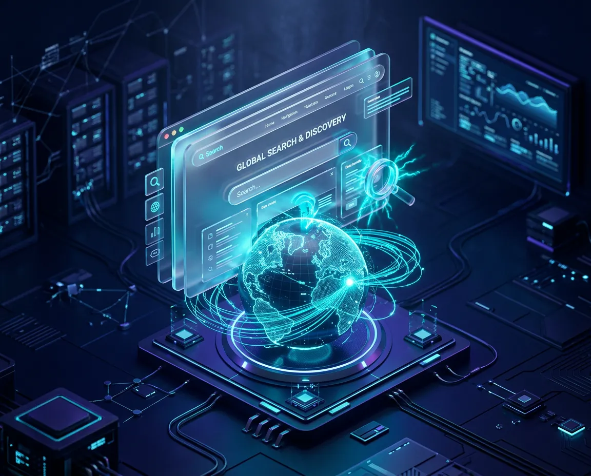 3D isometric illustration of Yati Funnels website wireframe broadcasting search signals to global discovery networks
