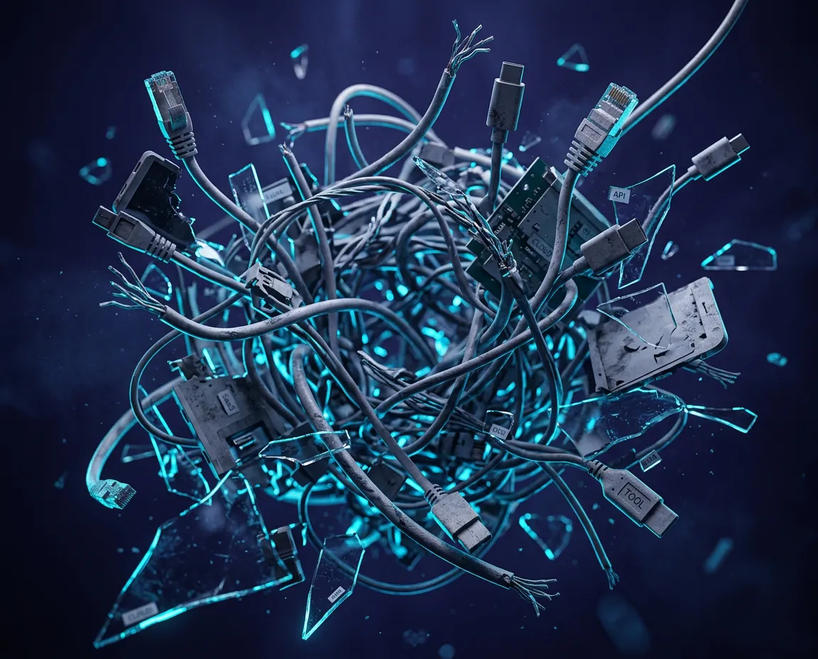 Chaotic tangled network of disconnected business software tools and broken webhook lines