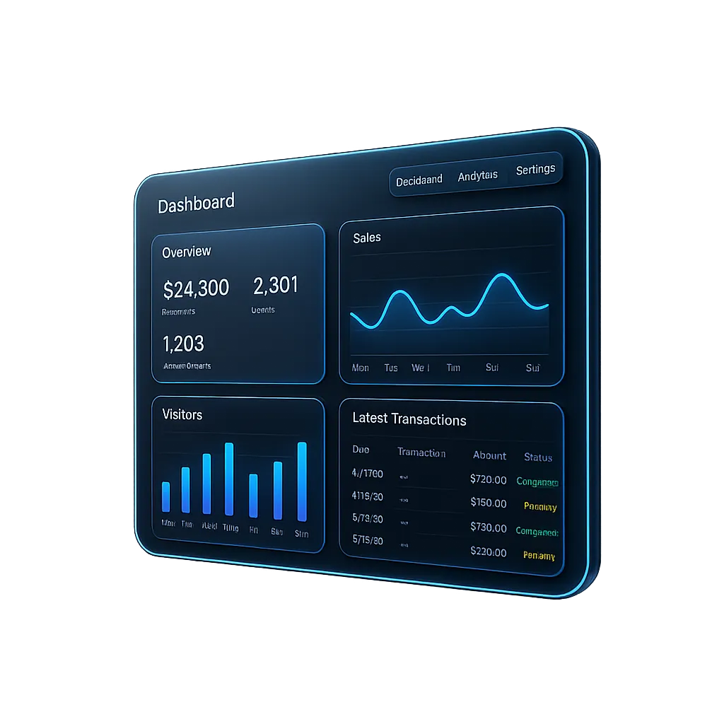 Floating 3D Yati Funnels dashboard mockup with cyan glowing edges and real-time revenue analytics