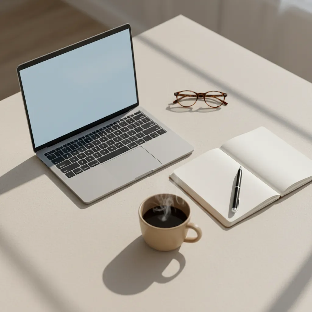 Minimalist workspace with warm neutral tones, notebook, coffee and laptop