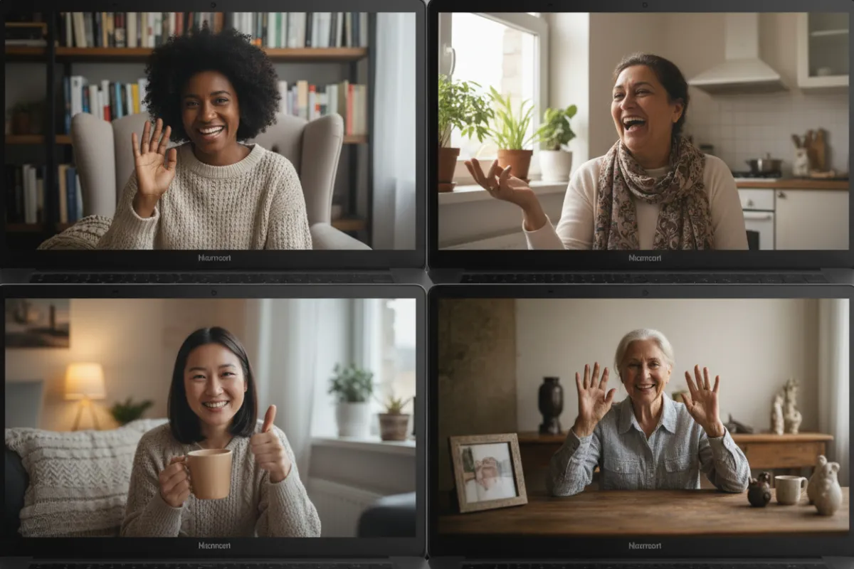 A diverse group of women in their 30s to 60s, smiling and waving at their laptops during a virtual group call, each in a cozy home setting. The image captures warmth, connection, and encouragement.
