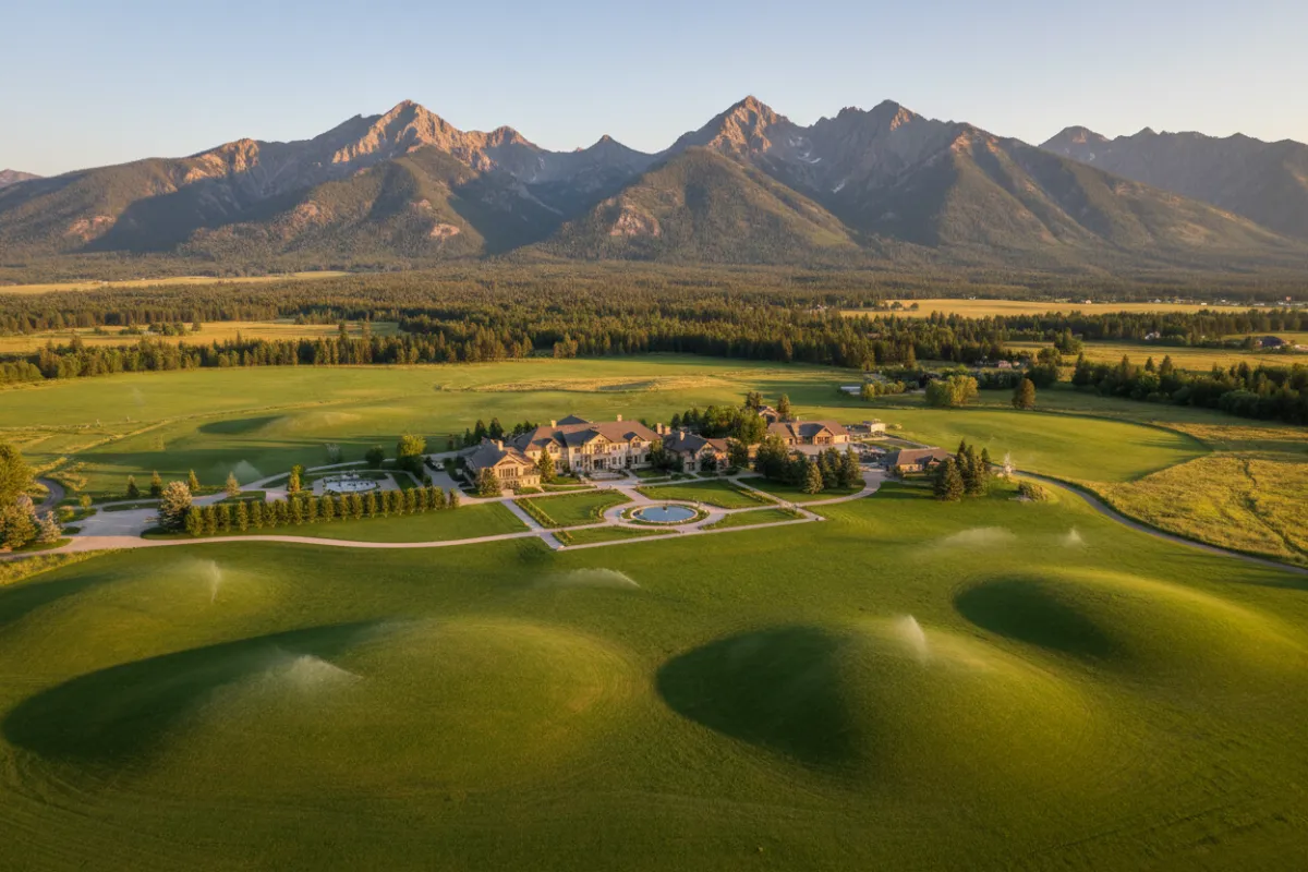Aerial view of a large Bitterroot Valley estate at golden hour showing manicured lawns, sprinkler lines, and a rugged mountain backdrop; photorealistic, warm natural light, high detail focusing on landscape health and maintenance outcomes for high-end properties.