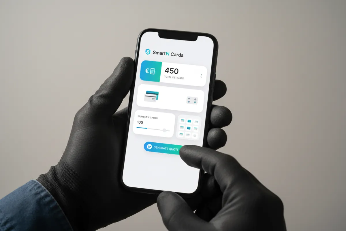 Electrician holding a phone showing a SmartN Cards cost estimator UI