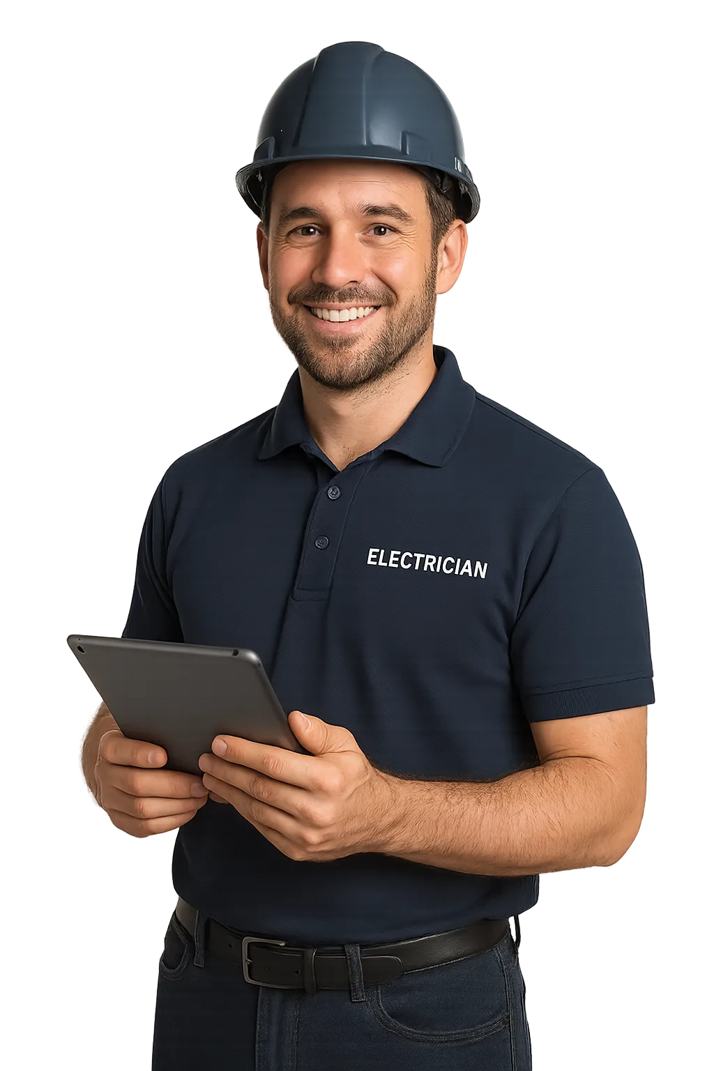 Professional electrician holding a tablet and smiling