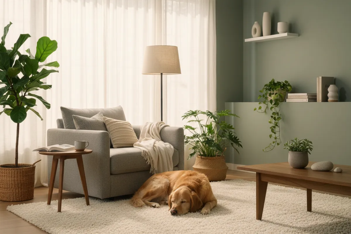 A serene living room with soft natural light, a gentle golden retriever resting on a plush rug, and a cozy reading nook. The space is tidy, inviting, and radiates calm, with subtle green plants and soft textures. No people are present, emphasizing tranquility.