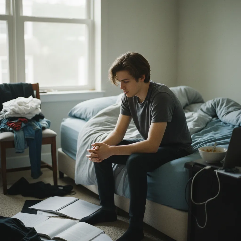 A young adult sits on the edge of a bed in a cluttered bedroom, looking thoughtful and slightly overwhelmed. The room has scattered clothes, books, and a laptop, with muted colors and soft daylight. The scene conveys emotional and physical clutter.