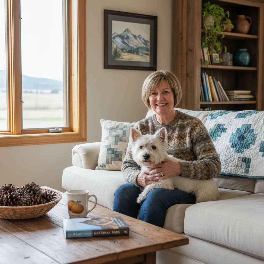 A middle-aged woman with a warm smile sits on a tidy sofa, gently petting a small terrier. The living room is bright and organized, with local Idaho decor and a sense of comfort. The scene radiates trust and community connection.