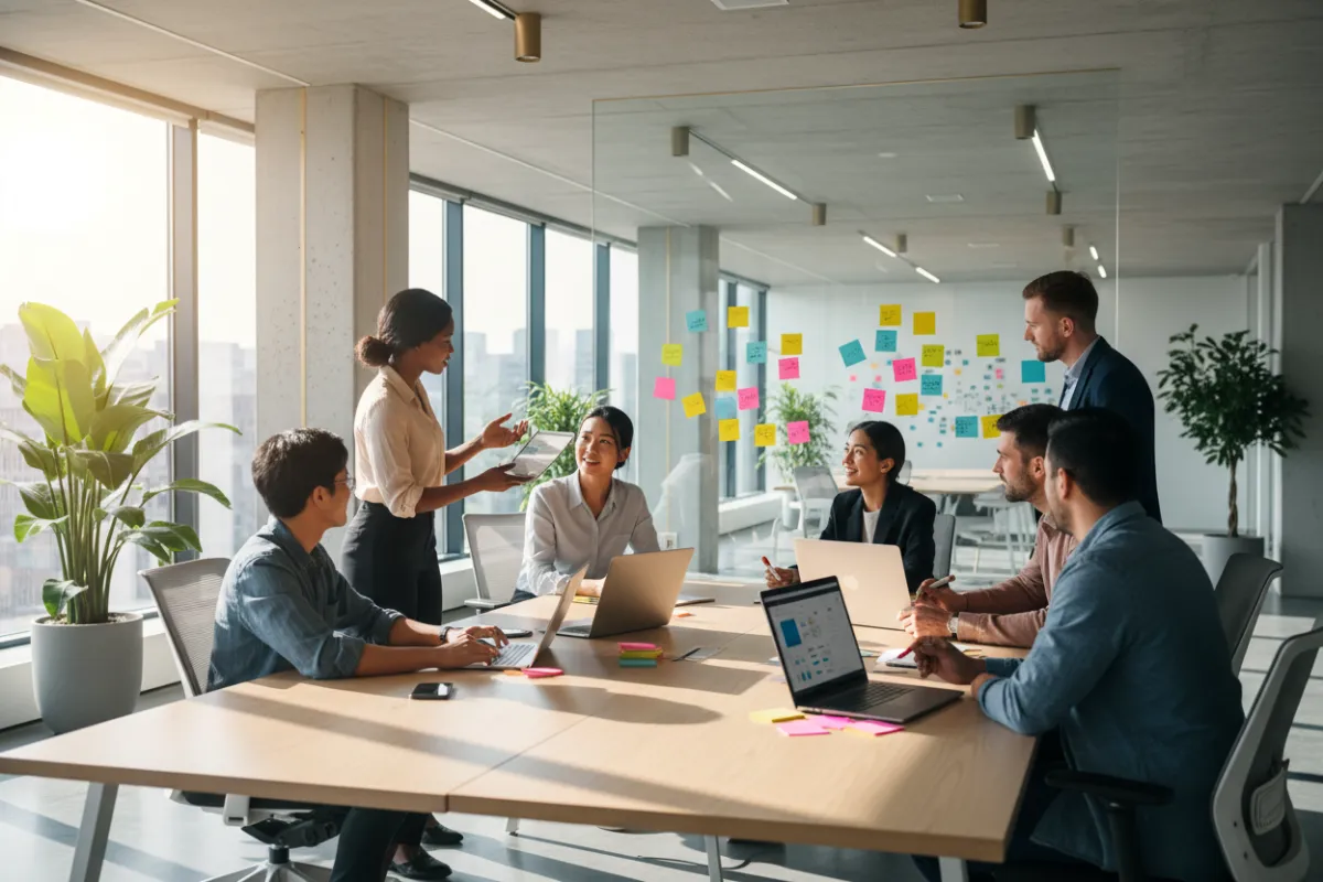 A diverse team collaborating around a table, brainstorming with sticky notes and digital devices. The office is open, modern, and filled with natural light, featuring subtle gold details and a sense of dynamic movement.
