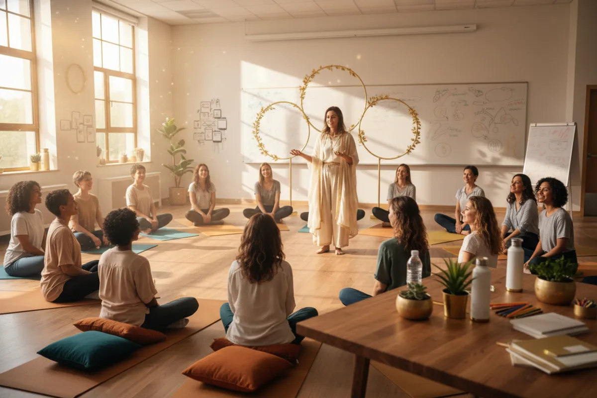 A group of teachers in a sunlit classroom, participating in a wellness workshop led by a professional facilitator. The scene is warm, inclusive, and energetic, with gold accents and educational materials visible.