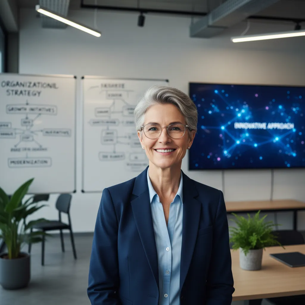 A senior consultant with short hair and glasses, smiling confidently in a collaborative workspace with whiteboards and digital screens, representing expertise in organizational strategy.