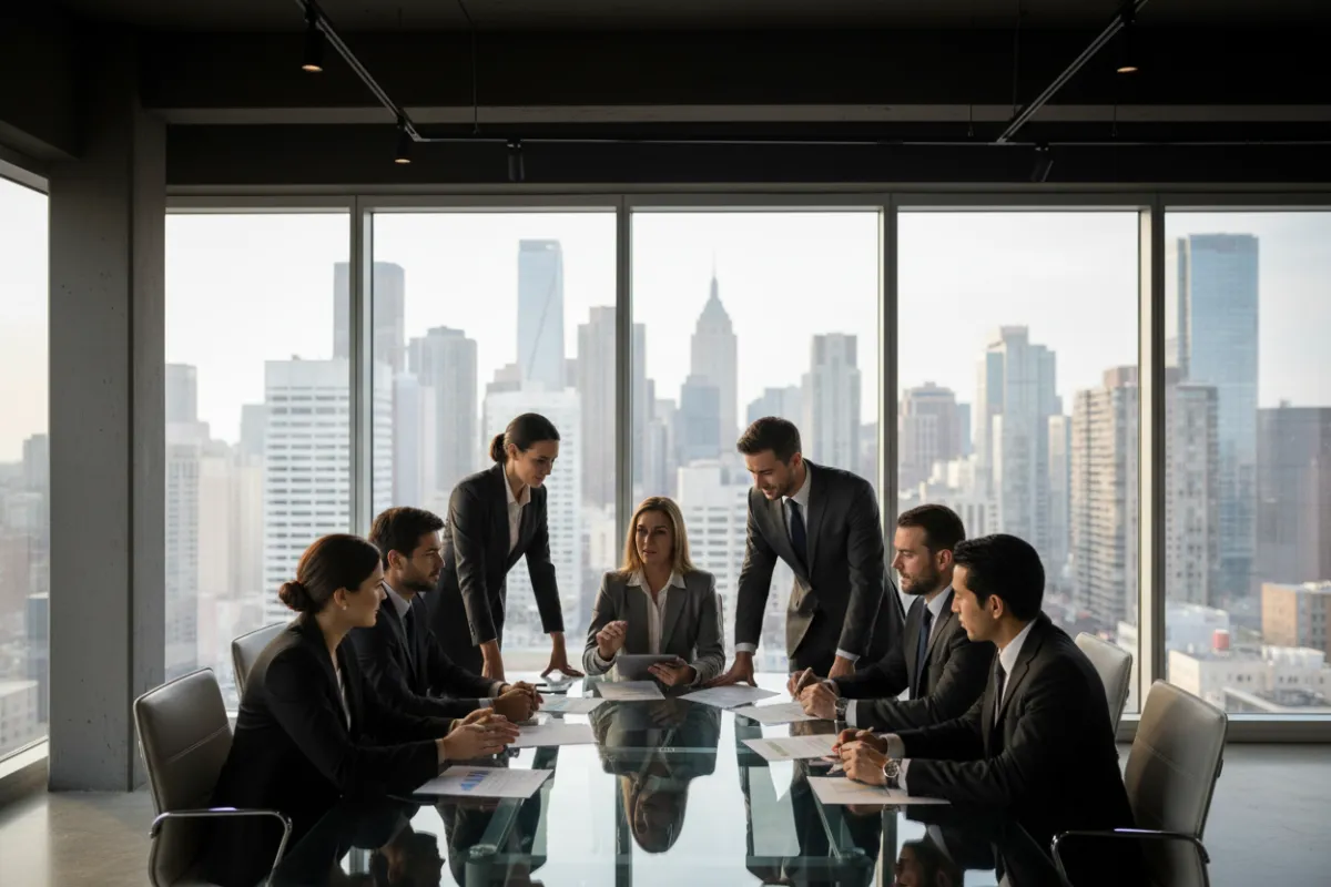 A diverse group of executives in formal attire collaborating around a glass conference table, city skyline visible through floor-to-ceiling windows, modern corporate setting, natural daylight, confident expressions, professional atmosphere, 3:2 aspect ratio.