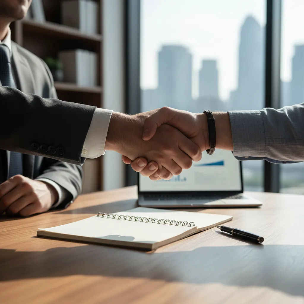 A confident executive stands at a panoramic window overlooking a city skyline, hands clasped, exuding vision and determination. The office is modern, with subtle blue accents, and the morning light suggests new beginnings. The composition is dynamic, focusing on leadership presence and forward-thinking.