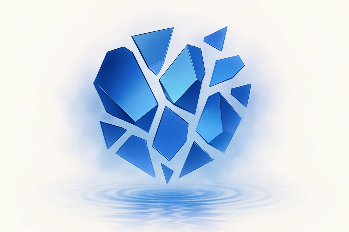 Abstract people-free fragmented mirror with misaligned geometric shards drifting apart in deep indigo and cobalt, with malibu highlights and soft lavender accents, representing loss of self-identity.