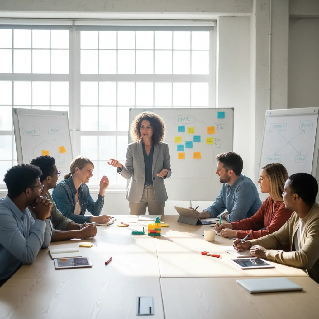 A workshop facilitator with curly hair, leading a group discussion in a bright, open training room, fostering engagement and creative problem-solving among diverse participants.