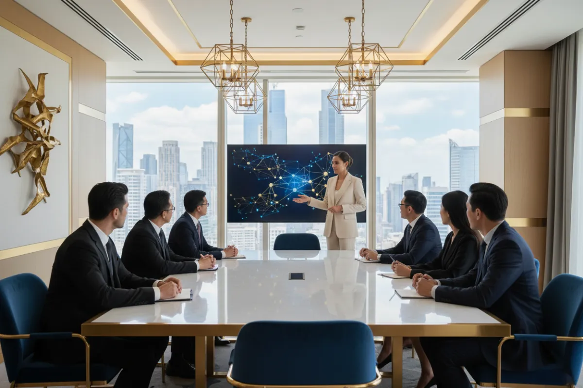 A diverse group of executives in a modern boardroom, collaborating with a confident female coach leading a strategy session. The setting is bright, with gold accents and a city skyline visible through large windows.