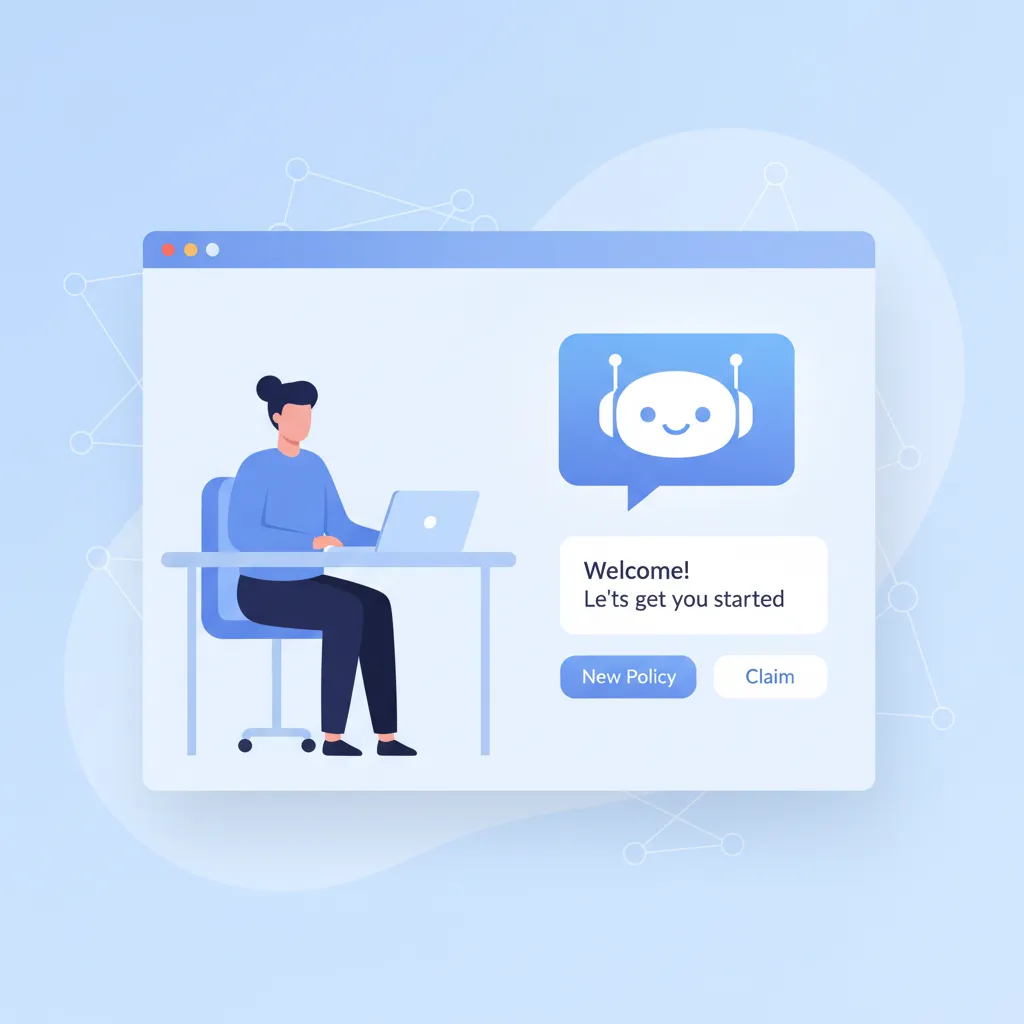 Step-by-step insurance process illustration showing a business owner chatting with an AI bot, reviewing documents, and booking an appointment, all in a clean, modern digital interface.