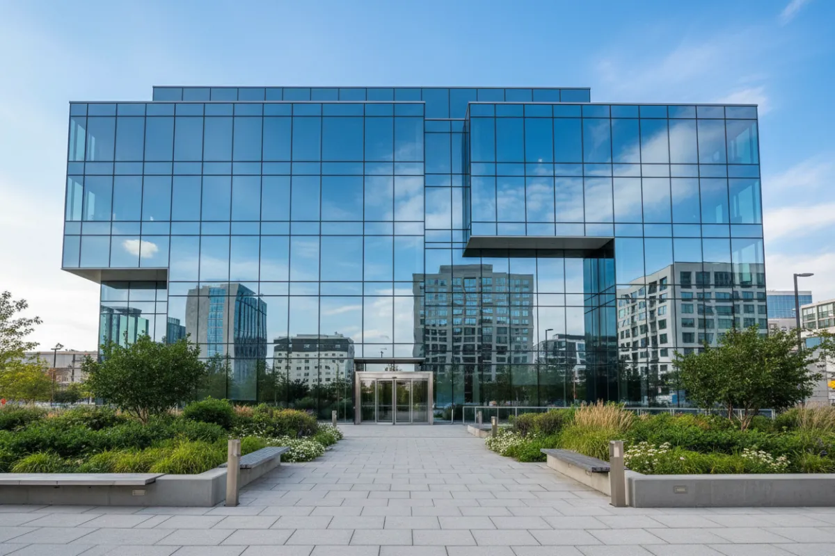 Photorealistic exterior view of a modern multi-story commercial office building with glass facade and landscaped entrance