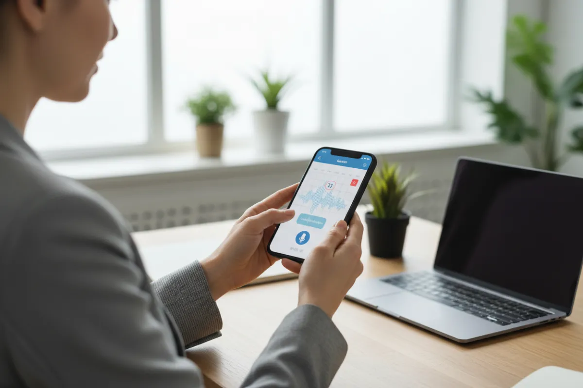 A business owner in a bright office using a smartphone to schedule an insurance call with a Voice AI assistant, with a digital calendar and voice waveform visible on the screen.