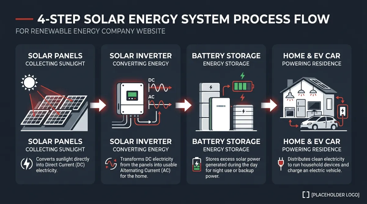 SBFC solar system components: panels, inverter, battery storage, home and EV output