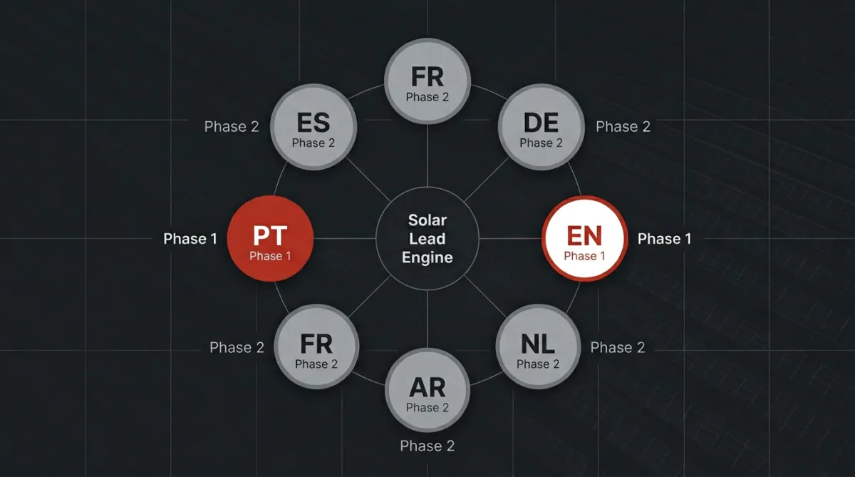 SBFC multi-locale rollout map: PT and EN as Phase 1 nodes in red, ES, FR, DE, NL, AR as Phase 2 nodes, all routing into one central Solar Lead Engine hub
