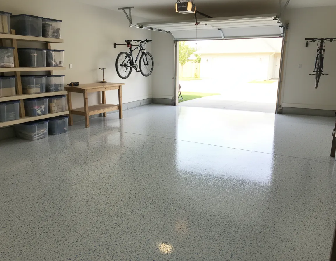Finished flake garage floor after River Coatings system