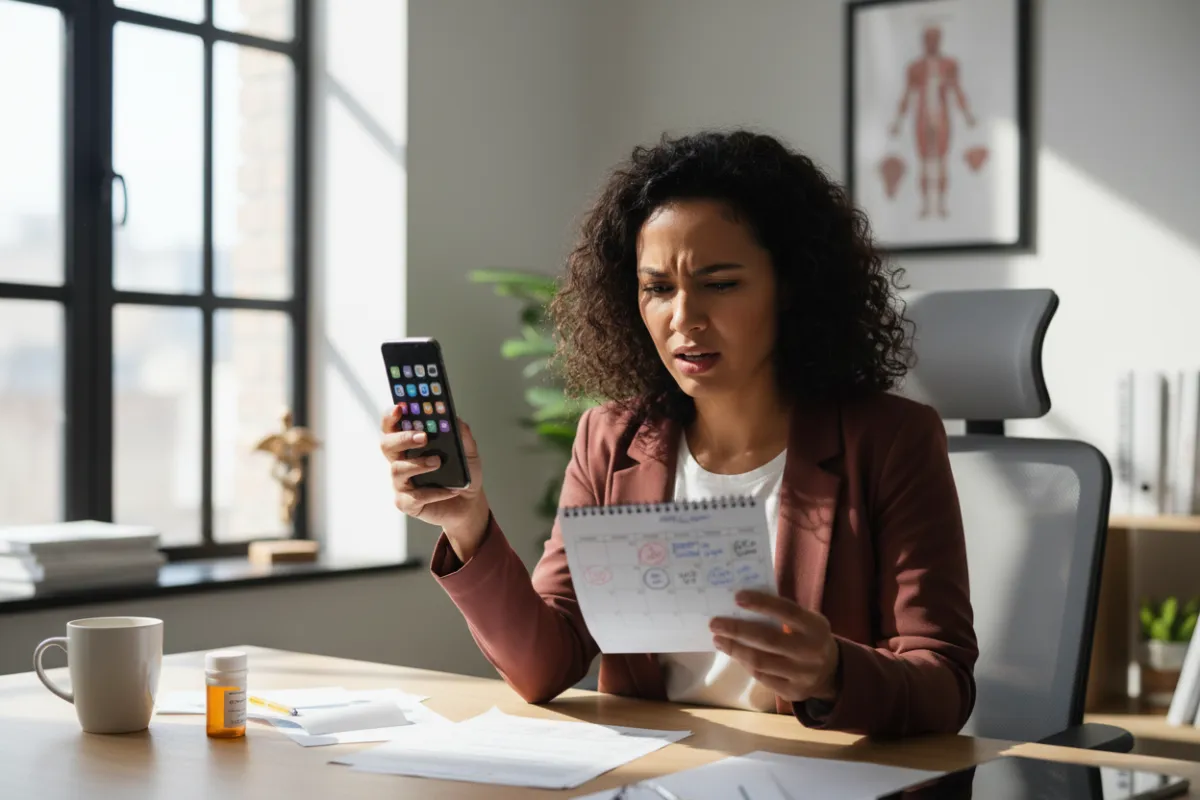 A diverse adult patient looking frustrated while holding a phone and a calendar, sitting in a bright, modern home office. The scene is candid, with natural light and a subtle medical theme, emphasizing the stress of booking appointments.