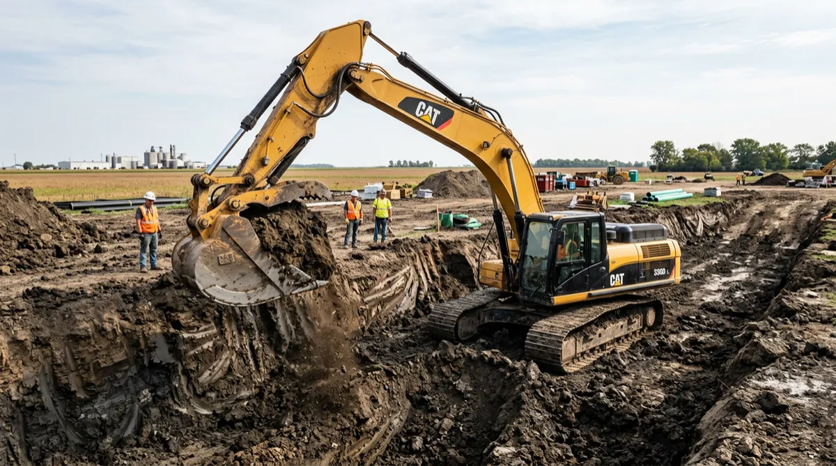 Tracked excavator digging deep foundation footings and utility trenches in Illinois soil