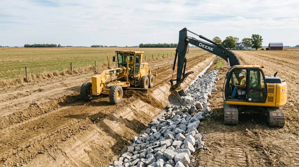 Grading ditch waterways and rock riprap drainage improvement along a Midwest property line