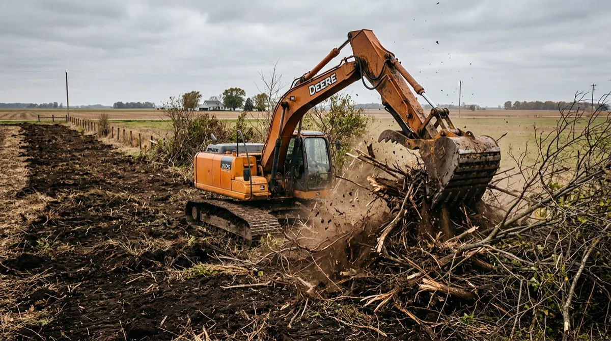 Excavator clearing dense Midwest fencerows, heavy timber, and stump root systems