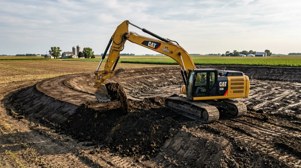 Heavy excavator shaping containment berms for agricultural pond and retention basin