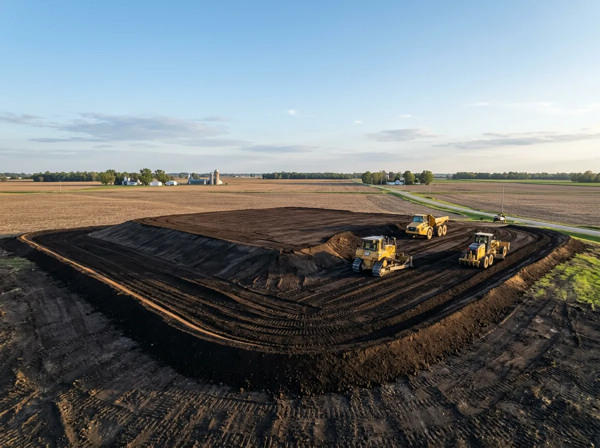 Freshly laser-graded Illinois property showcasing dark Midwest topsoil and crisp finished earthwork contours